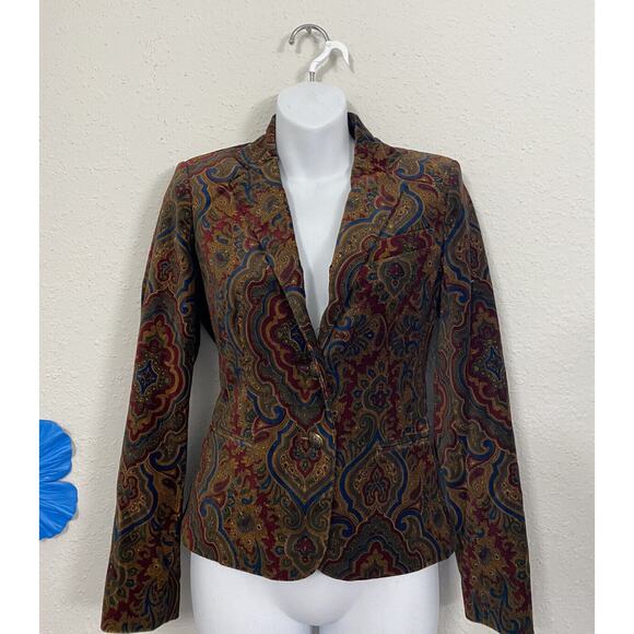Vintage 90s Ralph Lauren Paisley Printed Velvet Damask Blazer Jacket Size Petite - Picture 1 of 10